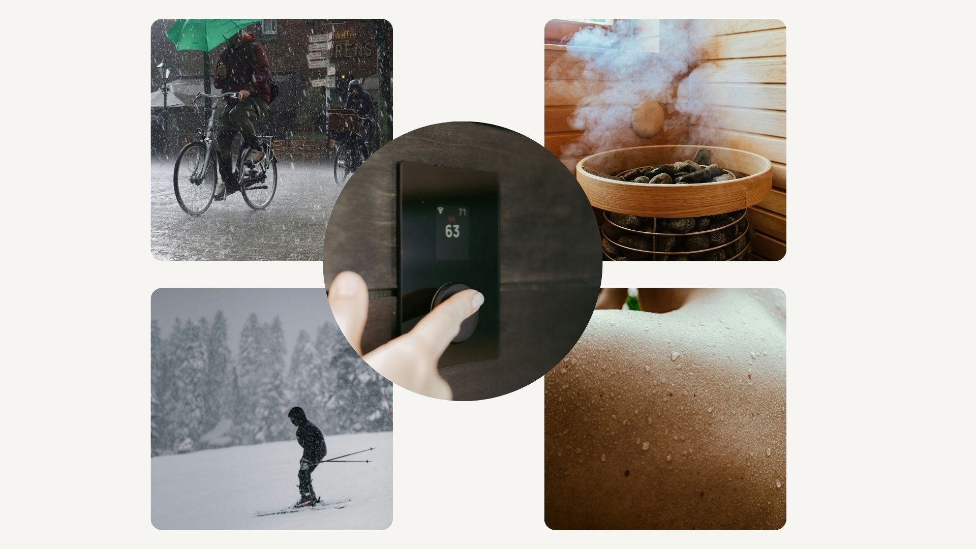 Collage : vélo sous la pluie, poêle de sauna dans la vapeur, réglage du panneau de contrôle du sauna, ski dans la neige et transpiration après la chaleur